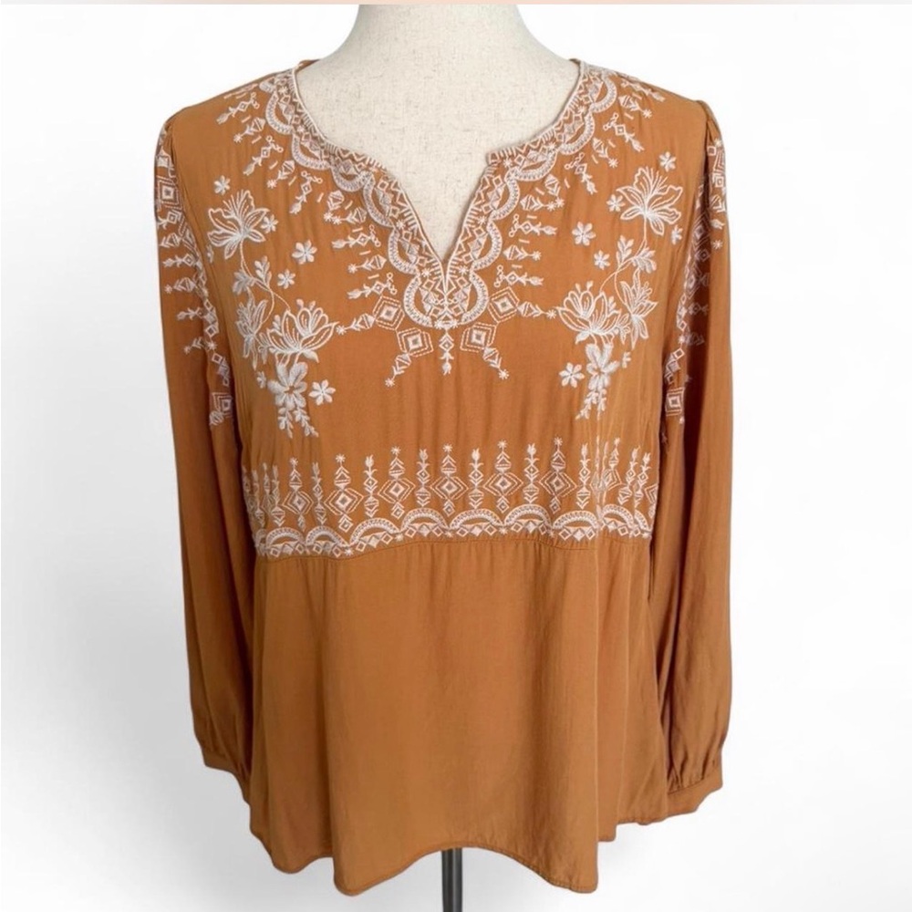 Savanna Jane Boho Peasant Blouse Size M Yellow Embroidered Floral Long Sleeve